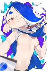 Rule 34 | 1girl, blue hair, blush, breasts, closed mouth, commission, earrings, hand fan, highres, jewelry, looking at viewer, makingtawawa, mask, medium breasts, multiple earrings, nintendo, nipples, octoling, red eyes, revealing clothes, sarashi, sarashi pull, shiver (splatoon), simple background, skeb commission, smile, solo, splatoon (series), splatoon 3, stomach, tentacle hair, upper body, white background