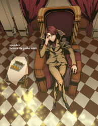 Rule 34 | 00s, 1boy, board game, brown eyes, bug, butterfly, cape, chair, checkered floor, chess, formal, from above, insect, jewelry, crossed legs, male focus, necktie, perspective, red hair, ring, sami (object dump), sitting, solo, suit, throne, umineko no naku koro ni, ushiromiya battler