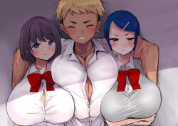 Rule 34 | 3girls, arms around shoulders, blonde hair, blue hair, blush, breast press, breasts, breasts squeezed together, bursting breasts, cleavage, collared shirt, dyed hair, earrings, hair ornament, hairclip, highres, jewelry, large breasts, multiple girls, purple hair, ribbon, sandwiched, sgwmanga, shirt, single earring, straining buttons, tagme, tomboy, white shirt