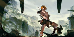 Rule 34 | 1boy, arm guards, arrow (projectile), arsh (thestarwish), artist name, barbarian set (zelda), bird, bleeding, blonde hair, blood, blood on arm, blood on chest, blood on clothes, blood on face, blood on leg, blood splatter, blue eyes, bodypaint, bow (weapon), covered mouth, covering own mouth, cuts, day, earrings, flock, fur trim, halberd, hand over own mouth, hand up, highres, holding, holding polearm, holding weapon, injury, jewelry, jungle, knee up, link, looking away, looking to the side, male focus, mountain, nature, nintendo, nipples, official alternate costume, one eye closed, orange hair, outdoors, overcast, pointy ears, polearm, ponytail, quiver, ruins, scenery, shade, shin guards, shoes, signature, sky, solo, standing, sunlight, sweat, sword, tattoo, the legend of zelda, the legend of zelda: breath of the wild, thigh strap, toned, toned male, topless male, tree, weapon, weapon on back, wet, wet hair, wide shot