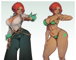 Rule 34 | 1girl, abs, areola slip, bikini, black pants, breasts, brown gloves, clothes on/clothes off, contrapposto, dark-skinned female, dark areolae, dark skin, dress shirt, fingerless gloves, forehead jewel, giovanna (guilty gear), gloves, gradient background, green bikini, green eyes, green nails, guilty gear, guilty gear strive, highres, large breasts, nipple slip, nipples, pants, paw print, paw print tattoo, red hair, shirt, short hair, strap pull, suspenders, swimsuit, toned, whysoblau