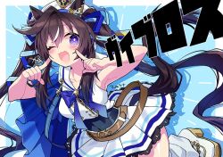 Rule 34 | 1girl, animal ears, armpits, arms up, artist name, bare shoulders, belt, beret, black hair, blue background, blush, breasts, brown hair, character name, ear covers, hair between eyes, hair ornament, hat, horse ears, horse girl, horse tail, long hair, looking at viewer, medium breasts, multicolored hair, open mouth, pointing, pointing at self, purple eyes, simple background, single ear cover, smile, solo, streaked hair, tail, twintails, umamusume, vivlos (umamusume), white hair, white hat, zest (lossol)
