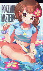 Rule 34 | 1girl, bikini, blue bikini, blush, breasts, brown eyes, brown hair, copyright name, creatures (company), flower, food, game freak, gloria (pokemon), gloria (summer 2021) (pokemon), hair flower, hair ornament, hand on own leg, hibiscus, holding, holding food, jewelry, licking lips, looking at viewer, navel, necklace, nintendo, official alternate costume, pokemon, pokemon masters ex, popsicle, sarong, scrunchie, short hair, sitting, soaking feet, solo, swimsuit, tongue, tongue out, umiru, water, wet, wrist scrunchie