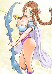 Rule 34 | 1girl, absurdres, aerith gainsborough, armor, arrow (projectile), boots, bow (weapon), braid, braided ponytail, breasts, brown hair, cape, cleavage, commission, cosplay, final fantasy, final fantasy iv, final fantasy vii, green eyes, highres, holding, holding arrow, holding bow (weapon), holding weapon, large breasts, leotard, looking at viewer, mikan ame q, pixiv commission, rosa farrell, rosa farrell (cosplay), shoulder armor, solo, weapon, white cape