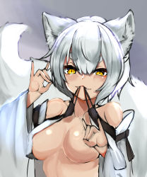 Rule 34 | 1girl, :3, animal ear fluff, animal ears, breasts, covering privates, covering breasts, detached sleeves, dominique (dom1nique ktn), fangs, fangs out, fox ears, fox shadow puppet, fox tail, hair between eyes, highres, large breasts, medium breasts, mouth hold, naughty face, original, short eyebrows, short hair, silver hair, smile, solo, tail, thick eyebrows, upper body, wide sleeves