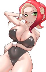 Rule 34 | 1girl, absurdres, adjusting hair, black leotard, blush, breasts, cleavage, closed mouth, collarbone, female focus, green eyes, groin, highres, large breasts, leotard, nintendo, octoling, octoling girl, octoling player character, pero (pero7762), red hair, short hair, simple background, solo, splatoon (series), standing, strapless, strapless leotard, suction cups, tentacle hair, white background, wrist cuffs
