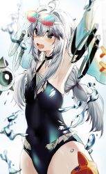Rule 34 | 1girl, ahoge, arms up, black choker, black one-piece swimsuit, choker, detached sleeves, eyewear on head, fang, frilled choker, frilled one-piece swimsuit, frills, grey eyes, grey hair, hair between eyes, happy, highres, long hair, lower teeth only, no.21: xxi (solar frost) (punishing: gray raven), no.21 (punishing: gray raven), one-piece swimsuit, open mouth, punishing: gray raven, sidelocks, skin fang, sleeves past fingers, sleeves past wrists, solo, starfish, sunglasses, swimsuit, teeth, twintails, very long hair, white sleeves