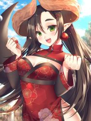 1girl, asymmetrical bangs, bangs, black tail, blush, breasts, chinese clothes, cleavage, cleavage cutout, clenched hands, clothing cutout, crescent, detached sleeves, dragon girl, dragon horns, dragon tail, dress, earrings, fingernails, green eyes, hair ornament, hairclip, highleg, highleg dress, highres, horns, jewelry, kirisita, lens flare, looking at viewer, mythic live, nail polish, nako ryu, pointy ears, red dress, red nails, sharp teeth, side slit, small breasts, solo, spiked tail, tail, teeth, twintails, upper body, upper teeth, virtual youtuber, w arms, zipper pull tab