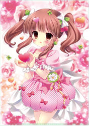 Rule 34 | 10s, 1girl, bad id, bad pixiv id, blunt bangs, blush, bow, brown eyes, brown hair, choker, clover, collarbone, dress, earrings, floral background, flower, four-leaf clover, frills, hair bow, heart, idolmaster, idolmaster cinderella girls, jewelry, kouta., lolita fashion, long hair, ogata chieri, open mouth, polka dot, rose, short hair, smile, solo, twintails, unmoving pattern
