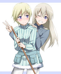 Rule 34 | 10s, 2girls, androgynous, bad id, bad pixiv id, blonde hair, brave witches, broom, eila ilmatar juutilainen, grin, long hair, military, military uniform, multiple girls, nikka edvardine katajainen, one eye closed, pantyhose, purple eyes, short hair, smile, strike witches, sweatdrop, uniform, v, white pantyhose, wink, world witches series, youkan