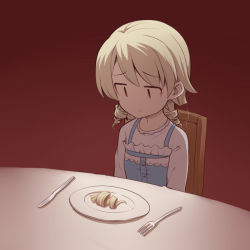 Rule 34 | 1girl, bad id, bad pixiv id, blue dress, brown background, brown eyes, brown hair, chair, closed mouth, detached hair, dress, fine art parody, fork, i asked for scrambled, idolmaster, idolmaster cinderella girls, knife, long hair, morikubo nono, parody, plate, ringlets, shirt, simple background, sleeveless, sleeveless dress, solo, table, uccow, upper body, white shirt, | |