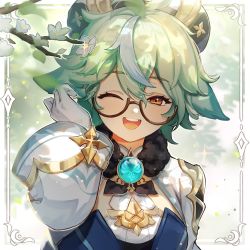 Rule 34 | 1girl, absurdres, ahoge, anemo (genshin impact), animal ears, artist request, branch, commentary, english commentary, flower, fur trim, genshin impact, glasses, gloves, green hair, hair between eyes, hat, highres, long sleeves, multicolored hair, official art, one eye closed, open mouth, orange eyes, short hair, solo, streaked hair, sucrose (genshin impact), teeth, upper body, upper teeth only, vision (genshin impact), white flower, white gloves, white hair