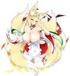 Rule 34 | 1girl, animal ear fluff, animal ears, bare shoulders, blonde hair, blush, breasts, cleavage, fox ears, fox girl, fox shadow puppet, fox tail, highres, hirume of heavenly incense, huge breasts, last origin, leaf, leqz5945, long hair, looking at viewer, magatama, maid headdress, maple leaf, miniskirt, multiple tails, nontraditional miko, skirt, slit pupils, smile, solo, tail, thighhighs, transparent background, white thighhighs, yellow eyes
