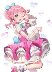 Rule 34 | 1girl, ;d, absurdres, arm up, artist name, azit (down), blue bow, blush, bow, commentary request, dress, hair bow, hair ornament, heart, heart hair ornament, high heels, high ponytail, highres, juliet sleeves, kiratto pri chan, long hair, long sleeves, momoyama mirai, one eye closed, open mouth, paw pose, pink dress, pink footwear, pink hair, pleated dress, ponytail, pretty series, puffy sleeves, purple eyes, shirt, shoes, signature, simple background, smile, socks, solo, standing, standing on one leg, white background, white shirt, white socks, wide sleeves