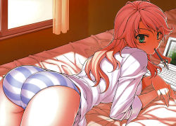 Rule 34 | 1girl, absurdres, ass, bed, blonde hair, blush, caroline pendleton, computer, female focus, green eyes, highres, huge filesize, laptop, lee soo-hyon, lingerie, long hair, mouth hold, official art, panties, pencil, pink hair, shirt, solo, striped clothes, striped panties, unbalance unbalance, underwear