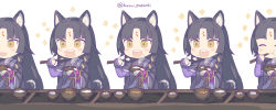 Rule 34 | 5girls, :d, :t, ^ ^, arknights, black hair, black kimono, blush, bowl, braid, brown eyes, chopsticks, closed eyes, closed mouth, eating, elbow gloves, facial mark, fingerless gloves, food, food on face, forehead mark, gloves, holding, holding chopsticks, husui parashi, japanese clothes, kimono, long hair, long sleeves, multiple girls, multiple persona, open mouth, parted bangs, purple gloves, rice, rice on face, saga (arknights), simple background, single braid, smile, sparkle, tasuki, twitter username, upper body, very long hair, white background, wide sleeves