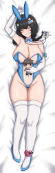 Rule 34 | 1girl, animal ears, arm up, black hair, blue bow, blue bowtie, blue leotard, blush, bowtie, breasts, character doll, closed eyes, commander (nikke), detached collar, fake animal ears, goddess of victory: nikke, grin, holding, id card, large breasts, leotard, long hair, lying, mary (medical rabbit) (nikke), mary (nikke), navel, official alternate costume, on back, playboy bunny, rabbit ears, rabbitttt, see-through, see-through leotard, smile, solo, strapless, strapless leotard, thigh gap, thighhighs, white thighhighs
