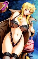 Rule 34 | 1boy, 1girl, bag, black bow, black bra, black panties, blonde hair, blush, bow, bra, breasts, cleavage, coat, collarbone, commentary request, cowboy shot, exhibitionism, fate testarossa, hair bow, hetero, highres, itachou, lamppost, large breasts, lingerie, long hair, looking at viewer, low-tied long hair, lyrical nanoha, mahou shoujo lyrical nanoha strikers, navel, night, open clothes, open coat, opened by self, outdoors, panties, parted lips, public indecency, pussy juice, red eyes, remote control vibrator, sex toy, shoulder bag, solo focus, stomach, sweat, underwear, variant set, very long hair, vibrator, vibrator under clothes, vibrator under panties