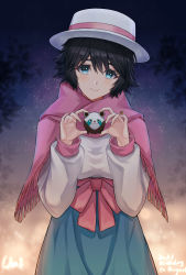 Rule 34 | 1girl, absurdres, black hair, blue eyes, blue skirt, bow, capelet, character name, closed mouth, cowboy shot, fedora, fringe trim, gradient sky, happy birthday, hat, highres, holding, long sleeves, outdoors, pink bow, pink capelet, shiina mayuri, short hair, skirt, sky, smile, solo, star (sky), starry sky, steins;gate, sweater, unique (pixiv12704744), upa (steins;gate), white hat, white sweater