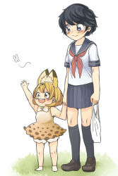 Rule 34 | 10s, 2girls, age difference, aged down, alternate costume, animal ears, bag, bare arms, bare legs, bare shoulders, black hair, blonde hair, blue eyes, blush, bow, bowtie, bug, butterfly, contemporary, dress, holding hands, initsukkii, insect, kaban (kemono friends), kemono friends, kneehighs, multicolored hair, multiple girls, neckerchief, no headwear, open mouth, plastic bag, pleated skirt, school uniform, serafuku, serval (kemono friends), serval print, short hair, short sleeves, skirt, socks