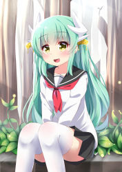 Rule 34 | 1girl, :d, alternate costume, between legs, black skirt, blush, collarbone, commentary, day, dragon girl, dragon horns, fate/grand order, fate (series), green hair, hair between eyes, hair ornament, hand between legs, horns, ikazu401, kiyohime (fate), long hair, long sleeves, looking at viewer, neckerchief, open mouth, outdoors, pleated skirt, red neckerchief, school uniform, serafuku, shirt, sitting, skirt, smile, solo, thighhighs, very long hair, white shirt, white thighhighs, yellow eyes