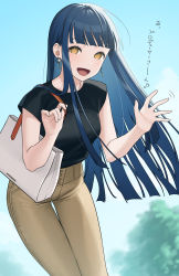Rule 34 | 1girl, :d, absurdres, bag, black shirt, blunt bangs, blunt ends, blurry, blurry background, dark green hair, day, earrings, handbag, high-waist pants, highres, idolmaster, idolmaster million live!, jewelry, kitakami reika, looking at viewer, mimizubare, open mouth, outdoors, pants, shirt, smile, solo, thigh gap, yellow eyes