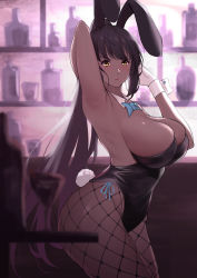 Rule 34 | 1girl, absurdres, animal ears, armpits, bare shoulders, black hair, black leotard, blue archive, blue bow, blurry, blurry background, blurry foreground, bow, bowtie, breasts, cleavage, closed mouth, commentary request, cowboy shot, curvy, dark-skinned female, dark skin, detached collar, earrings, fake animal ears, fishnet pantyhose, fishnets, gloves, high ponytail, highres, indoors, jewelry, karin (blue archive), karin (bunny) (blue archive), large breasts, leotard, long hair, looking at viewer, omenion, pantyhose, playboy bunny, rabbit ears, rabbit tail, shiny clothes, shiny skin, sidelocks, strapless, strapless leotard, tail, traditional bowtie, very long hair, white gloves, wide hips, wrist cuffs, yellow eyes