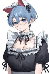 Rule 34 | 1girl, animal ears, aochoku, black dress, blue eyes, blue hair, breasts, bright pupils, cat ears, choker, cleavage, closed mouth, collarbone, dress, earrings, fake animal ears, frilled choker, frills, glass bottle, highres, jewelry, looking at viewer, medium breasts, neck ribbon, original, parted lips, raised eyebrows, ribbon, round eyewear, short hair, short sleeves, simple background, solo, stud earrings, upper body, white background, white pupils