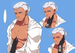 Rule 34 | 1boy, abs, artist name, blue background, blush, closed eyes, dark-skinned male, dark skin, dedue molinaro, fire emblem, fire emblem: three houses, flower, gloves, green eyes, male focus, mjerlucky, nintendo, nipples, open clothes, open mouth, open shirt, scar, solo, white hair