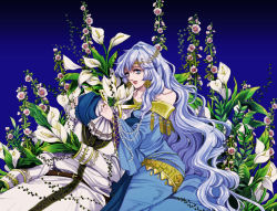 Rule 34 | 1girl, blue eyes, deirdre (fire emblem), fire emblem, fire emblem: genealogy of the holy war, floral background, flower, jewelry, looking at viewer, nintendo, solo, tsuko (25mnts), white hair