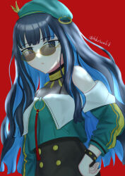 Rule 34 | 1girl, absurdres, bare shoulders, beret, black hair, blue hair, bracelet, colored inner hair, fate/grand order, fate (series), grey eyes, hat, highres, jacket, jewelry, long hair, looking at viewer, looking over eyewear, multicolored hair, neck ring, red background, solo, sunglasses, tenochtitlan (fate), tenochtitlan (second ascension) (fate), two-tone hair, uriuriyukitti