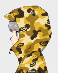 Rule 34 | 1girl, animal nose, blush, camouflage, camouflage jacket, character print, closed mouth, commentary request, fashion, from side, gore-tex, grey background, grey eyes, grey hair, hood, hood up, hooded jacket, jacket, looking ahead, mode aim, panasonynet, peanuts-kun, ponpoko (vtuber), portrait, profile, simple background, solo, virtual youtuber, yellow jacket