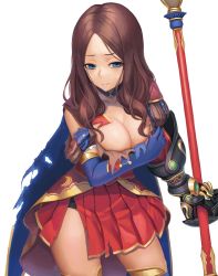 Rule 34 | 1girl, blue cape, blue eyes, blue gloves, blue thighhighs, breast hold, breasts, brown hair, cape, cleavage, closed mouth, collarbone, commentary request, covering privates, covering breasts, elbow gloves, fate/grand order, fate (series), gloves, half-closed eyes, highres, holding, holding staff, large breasts, leonardo da vinci (fate), long hair, looking at viewer, mechanical arms, parted bangs, pleated skirt, ranma (kamenrideroz), red skirt, simple background, single elbow glove, single mechanical arm, skirt, solo, staff, standing, star (symbol), star print, sweatdrop, thighhighs, torn clothes, wavy hair, white background