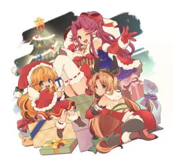 Rule 34 | 3girls, :d, angela (seiken densetsu 3), blonde hair, blue eyes, bow, box, cape, capelet, charlotte (seiken densetsu 3), christmas, christmas tree, dress, elbow gloves, fake antlers, fishnet pantyhose, fishnets, fur-trimmed cape, fur-trimmed capelet, fur trim, gift, gift box, gloves, green eyes, hair bow, hat, highres, long hair, looking at viewer, looking back, mii (03miiy), multiple girls, one eye closed, open mouth, pantyhose, pointy ears, purple hair, rabite (seiken densetsu), red bow, red cape, red capelet, red dress, red gloves, red headwear, riesz, santa dress, seiken densetsu, seiken densetsu 3, sitting, smile, wavy hair