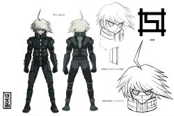 Rule 34 | 1boy, ahoge, android, armor, blue eyes, character sheet, clenched hands, concept art, danganronpa (series), danganronpa v3: killing harmony, full body, highres, k1-b0, komatsuzaki rui, looking at viewer, male focus, multiple views, official art, power armor, silver hair, simple background, translation request, white background