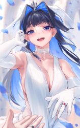 1girl 1other :d bare_shoulders blue_eyes blue_hair blush breasts choker cleavage collarbone colored_inner_hair dress earrings elbow_gloves falling_petals gloves hair_intakes highres hololive hololive_english jewelry large_breasts long_hair looking_at_viewer multicolored_hair open_mouth ouro_kronii padoruu petals pov ring smile solo_focus upper_body virtual_youtuber wedding_dress white_choker white_gloves