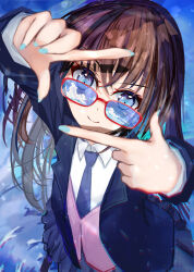 1girl absurdres black_skirt blazer blue_eyes blue_jacket blue_nails blue_necktie blue_skirt blue_theme brown_hair closed_mouth collared_shirt commentary commentary_request english_commentary finger_frame fingernails from_above glasses hair_between_eyes highres jacket long_hair long_sleeves looking_at_viewer looking_over_eyewear looking_up mixed-language_commentary nail_polish necktie open_clothes open_jacket original pink_vest pleated_skirt red-framed_eyewear reflection rupina shirt skirt smile solo standing vest water white_shirt