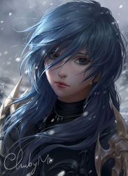 Rule 34 | 1girl, artist name, blue hair, character request, chuby mi, closed mouth, final fantasy, final fantasy xiv, green eyes, highres, lips, long hair, looking at viewer, nose, portrait, realistic, signature, solo, watermark