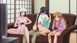 Rule 34 | 00s, 10s, 1boy, 3girls, anata dake konbanwa, animated, animated gif, ass, bored, bottomless, censored, clothed sex, couch, indoors, long hair, multiple girls, playing games, sex, shirt, towel, upset, video game