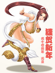 Rule 34 | 10s, 1girl, 2010, animal print, ass, blush, boots, breasts, brown eyes, brown hair, cleavage, curvy, covered erect nipples, fatal fury, gloves, huge breasts, leopard print, long hair, makoto (mk10), new year, open mouth, panties, ponytail, rope, shiranui mai, smile, snk, solo, the king of fighters, tiger print, underwear