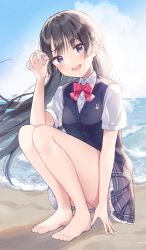 Rule 34 | 1girl, absurdres, bare legs, barefoot, beach, between fingers, black hair, blue eyes, blue vest, blush, bow, bowtie, collared shirt, commentary request, feet, full body, hand up, head tilt, highres, holding, long hair, looking at viewer, nijisanji, ocean, open mouth, outdoors, pink bow, plaid, plaid skirt, pleated skirt, school uniform, seashell, shell, shiino sera, shirt, short sleeves, sidelocks, signature, skirt, solo, squatting, thighs, toes, tsukino mito, tsukino mito (3rd costume), vest, virtual youtuber