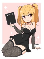Rule 34 | 1girl, absurdres, amane misa, arm support, artist name, bare shoulders, black dress, breasts, brown eyes, cleavage, closed mouth, cremanata, cross, cross necklace, death note, detached sleeves, dress, highres, jewelry, large breasts, necklace, sitting, sleeves past elbows, smile, solo, thigh strap, two side up