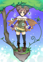 Rule 34 | 1girl, alchemist (ragnarok online), black eyes, black thighhighs, blue gloves, blush, boots, brown cape, brown dress, brown footwear, brown hair, cape, closed mouth, commentary request, cross-laced footwear, dress, elbow gloves, fingerless gloves, floating island, full body, fur collar, gloves, horns, leaf, looking at viewer, outstretched arms, ragnarok online, sasai saki, short dress, short hair, smile, solo, standing, strapless, strapless dress, thighhighs, tree