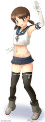 Rule 34 | 1girl, adapted costume, black neckerchief, black thighhighs, blue sailor collar, blue skirt, blush, boots, brown eyes, brown hair, cosplay, crop top, dated, elbow gloves, embarrassed, full body, gloves, highleg, highleg panties, highres, kantai collection, low twintails, navel, neckerchief, open mouth, panties, pleated skirt, ray.s, rubber boots, sailor collar, school uniform, serafuku, shadow, shimakaze (kancolle), shimakaze (kancolle) (cosplay), shirayuki (kancolle), short hair, short ponytail, short twintails, skirt, solo, thighhighs, twintails, twitter username, underwear, white background, white gloves, white panties