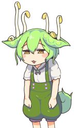 Rule 34 | 1girl, :3, animal ears, bean sprout, blush stickers, commentary request, double-parted bangs, edamame, feet out of frame, flat color, furrowed brow, green hair, green shorts, growth, half-closed eyes, highres, no nose, open mouth, puffy short sleeves, puffy sleeves, shirt, short sleeves, shorts, solo, soybean, standing, suspender shorts, suspenders, transparent background, user vsxg2475, voiceroid, voicevox, white shirt, yellow eyes, zundamon