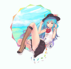 Rule 34 | 1girl, adapted costume, alternate costume, blue hair, boots, brown footwear, convenient censoring, cross-laced footwear, ehrrr, food, fruit, hat, high heel boots, high heels, highres, hinanawi tenshi, knee boots, lace-up boots, long hair, looking at viewer, miniskirt, open mouth, peach, pleated skirt, red eyes, shirt, skirt, sky, sleeveless, solo, touhou