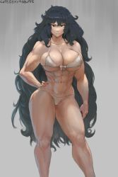 Rule 34 | 10s, 1girl, abs, artist name, bikini, black hair, breasts, brown eyes, cleavage, collarbone, commission, cutesexyrobutts, daidouji (senran kagura), grey background, hand on own hip, highres, large breasts, legs, long hair, micro bikini, muscular, muscular female, navel, senran kagura, serious, signature, simple background, skindentation, solo, standing, swimsuit, thick arms, thick thighs, thighs, toned, very long hair, white bikini, wide hips