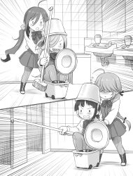 Rule 34 | 4girls, :x, ahoge, asashimo (kancolle), braid, broom, bucket, bucket on head, character request, comic, ebifly, emphasis lines, fujinami (kancolle), greyscale, grin, hair over eyes, hamanami (kancolle), highres, holding, in bucket, in container, kantai collection, kiyoshimo (kancolle), long hair, monochrome, multiple girls, o o, object on head, sharp teeth, smile, teeth