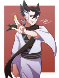 Rule 34 | 1boy, bad id, bad pixiv id, black hair, black scarf, blue eyes, border, brown background, coin, commentary request, creatures (company), dated, game freak, glint, grey hair, grimsley (pokemon), hair between eyes, hand up, holding, holding coin, japanese clothes, kimono, long sleeves, looking at viewer, male focus, multicolored hair, nintendo, omito (mito zt), parted lips, pokemon, pokemon sm, sash, scarf, smile, spiked hair, two-tone hair, white border, white kimono