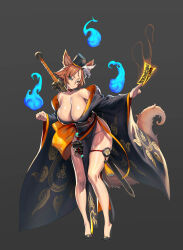 Rule 34 | 1girl, absurdres, animal ears, bare shoulders, breasts, brown hair, choker, cleavage, fox ears, fox girl, fox tail, grey background, hat, high heels, highres, huge breasts, jeffr, looking at viewer, original, shiny skin, short hair, simple background, smile, solo, sword, tail, talisman, weapon, weapon on back